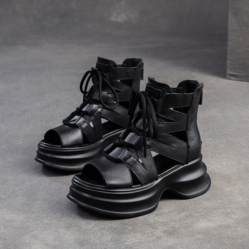 Women Retro High Top Leather Platform Sandals-RAIIFY