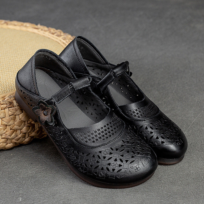 Women Summer Hollow Soft Leather Flats-RAIIFY