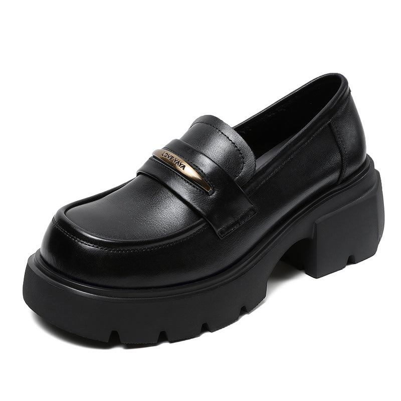 Women Minimalist Cowhide Retro Chunky Soled Loafers-RAIIFY