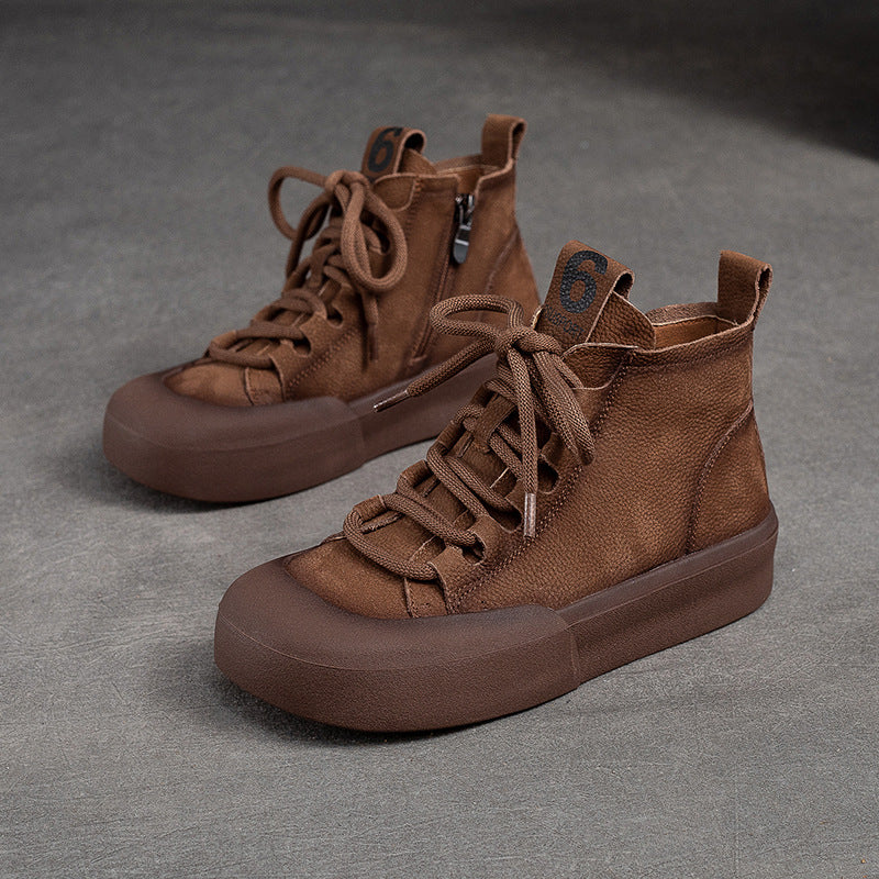 Women Retro Solid Leather Flat Casual Boots-RAIIFY