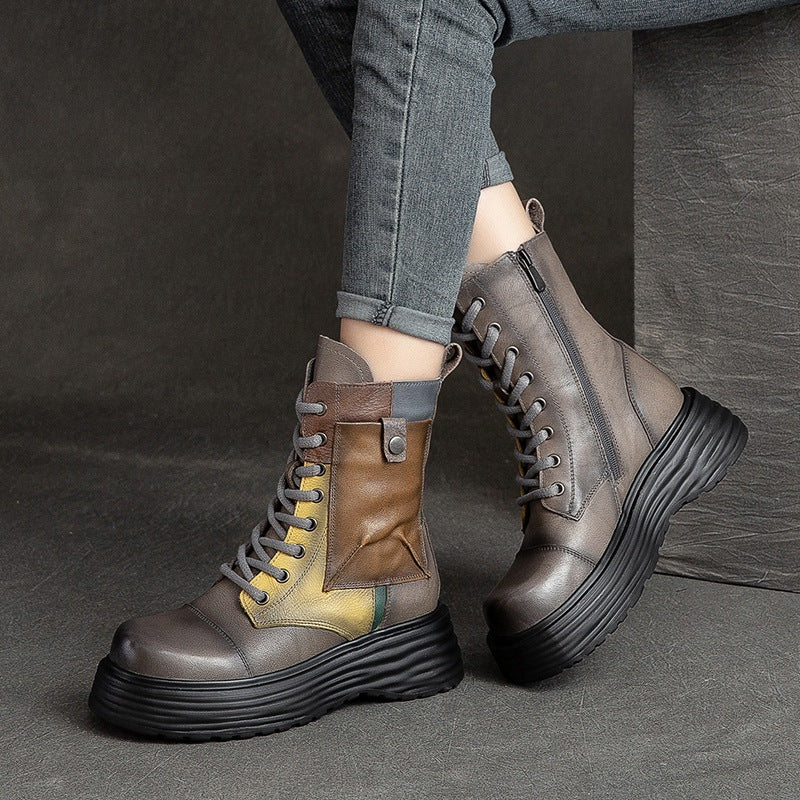 Women Retro Patchwork Leather Platform Combat Boots-RAIIFY