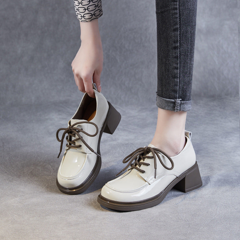 Women Minimalist Soft Glossy Leather Chunky Heel Shoes-RAIIFY