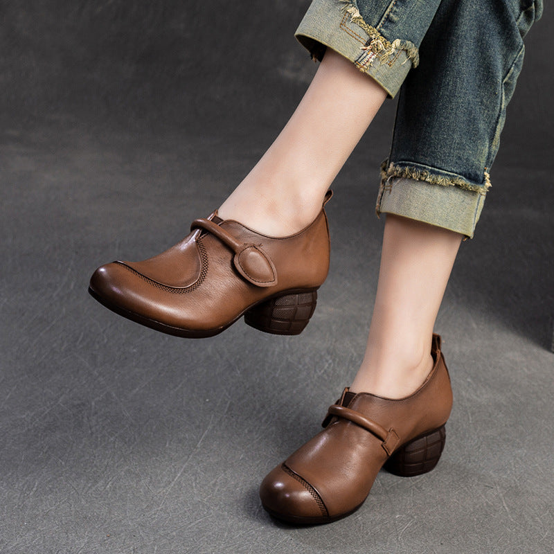 Women Retro Leather Minimliast Chunky Heel Pumps-RAIIFY