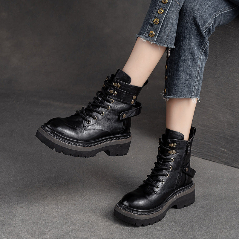 Women Retro Classic Leather Chunky Heel Boots-RAIIFY