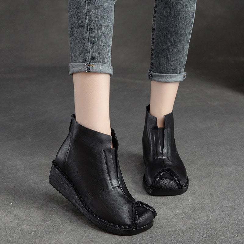 Women Retro Low Wedge Leather Ankle Boots-RAIIFY
