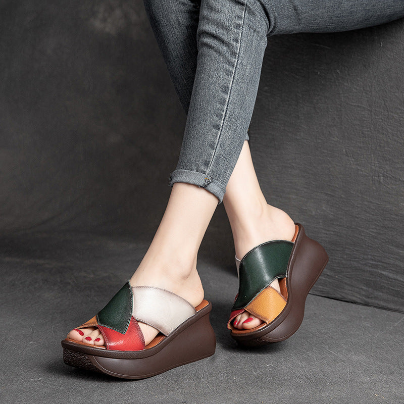 Women Summer Retro Leather Wedge Slide Sandals-RAIIFY
