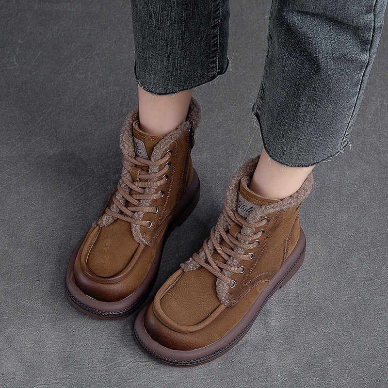 Women Leather Soft Furred Flat Snow Boots-RAIIFY