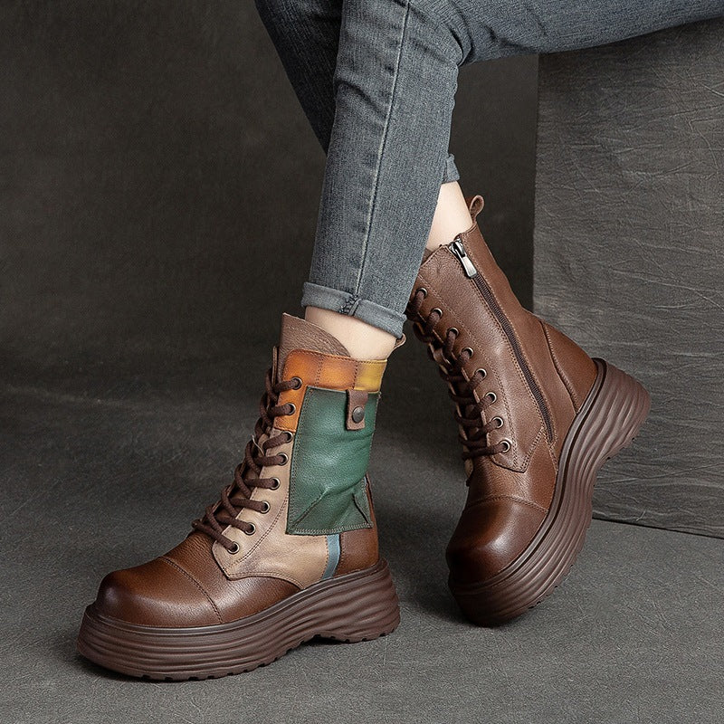 Women Retro Patchwork Leather Platform Combat Boots-RAIIFY