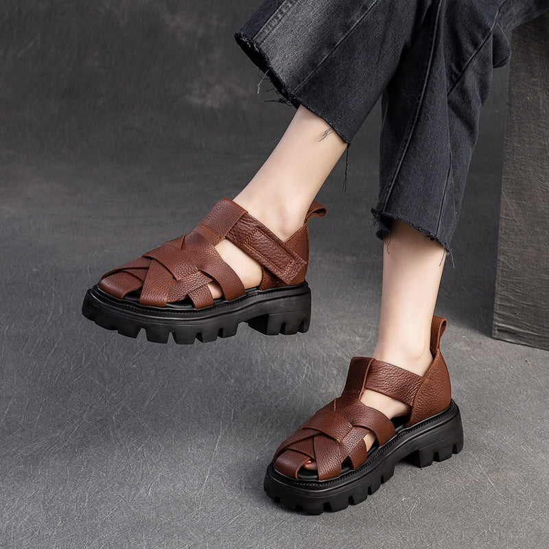 Women Minimalist Plaited Leather Casual Sandals-RAIIFY