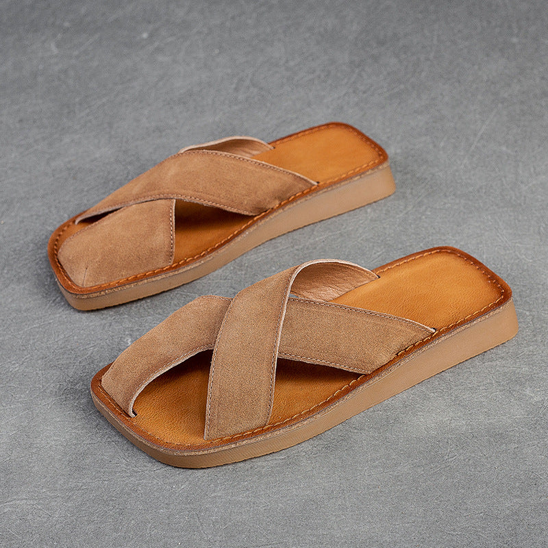 Women Retro Leather Flat Casual Slides-RAIIFY