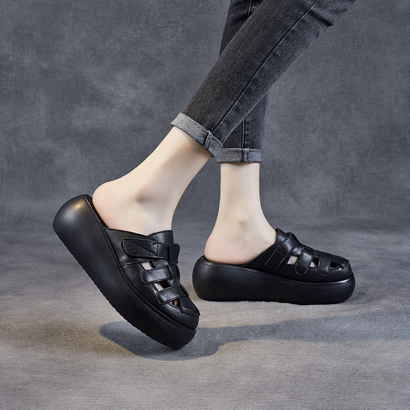 Women Retro Hollow Plaited Leather Wedge Slides-RAIIFY