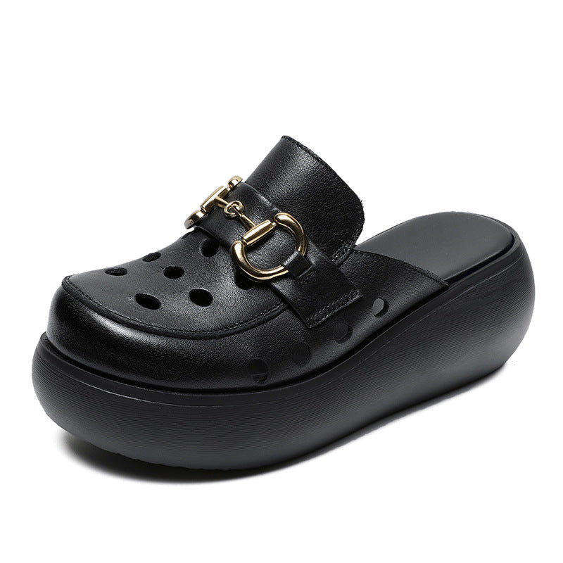 Women Summer Hollow Leather Platform Mules-RAIIFY