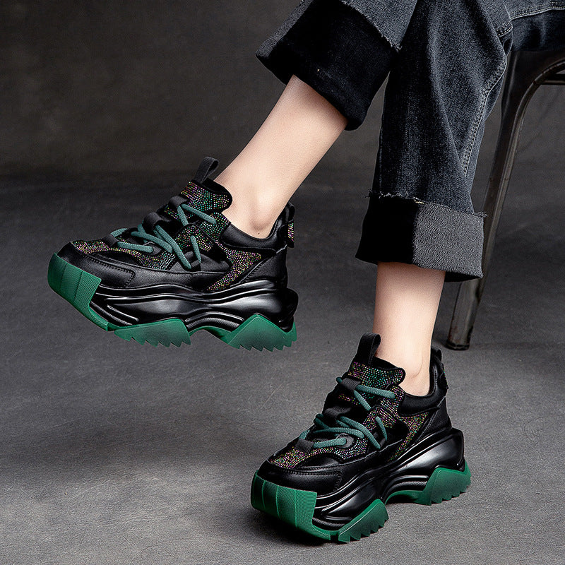 Women Patchwork Leather Chunky Platform Sneakers-RAIIFY