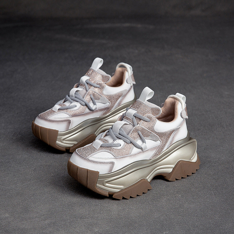 Women Patchwork Leather Chunky Platform Sneakers-RAIIFY