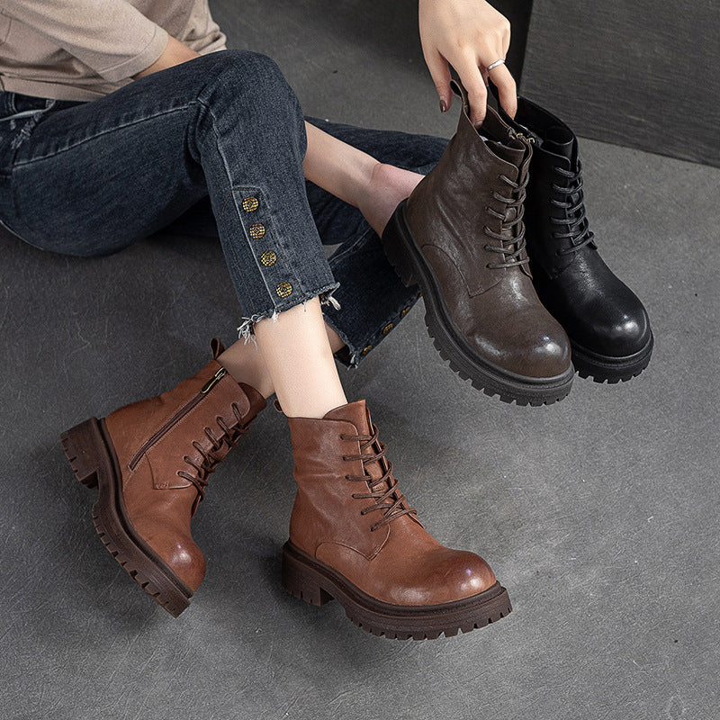 Women Retro Patchwork Leather Handmade Casual Boots-RAIIFY
