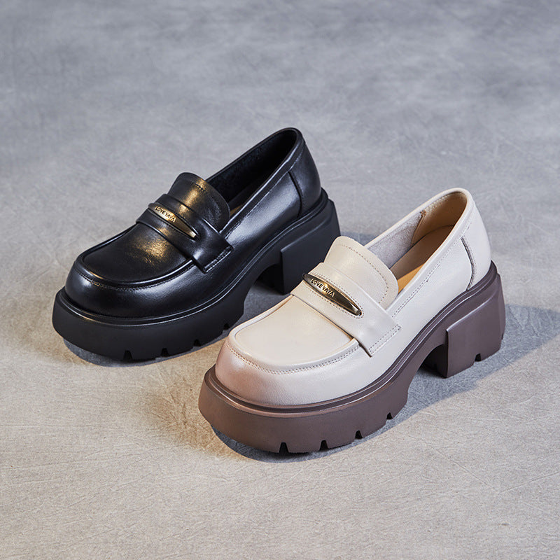 Women Minimalist Cowhide Retro Chunky Soled Loafers-RAIIFY