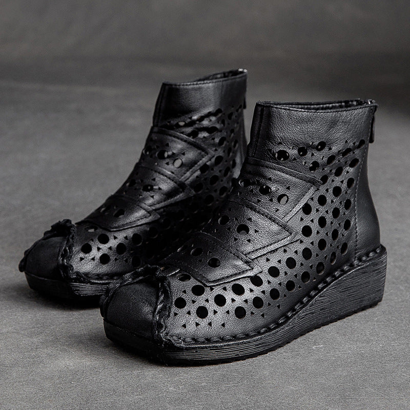Women Summer Hollow Leather Low Wedge Boots-RAIIFY