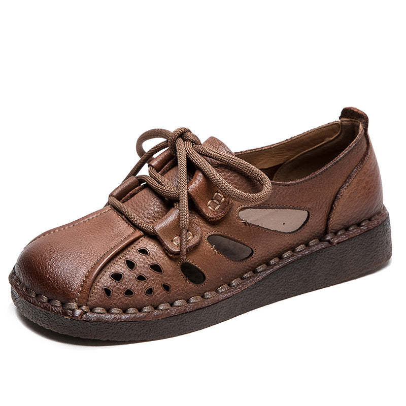 Women Retro Hollow Leather Flat Casual Shoes-RAIIFY