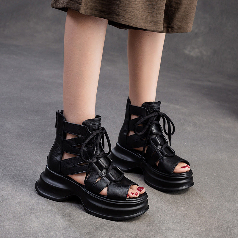 Women Retro High Top Leather Platform Sandals-RAIIFY