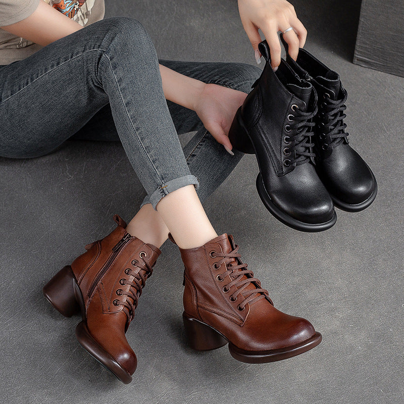 Women Minimalist Leather Casual Chunky Heel Boots-RAIIFY