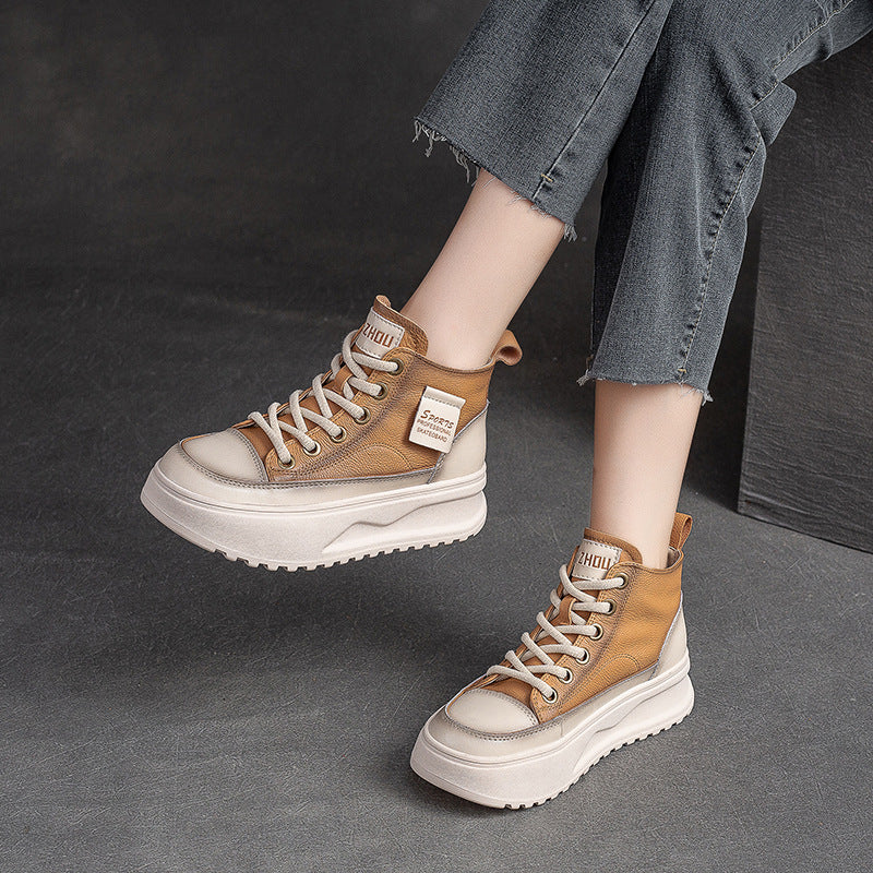Women Fashion Leather Thick Soled High Top Skate Shoes-RAIIFY