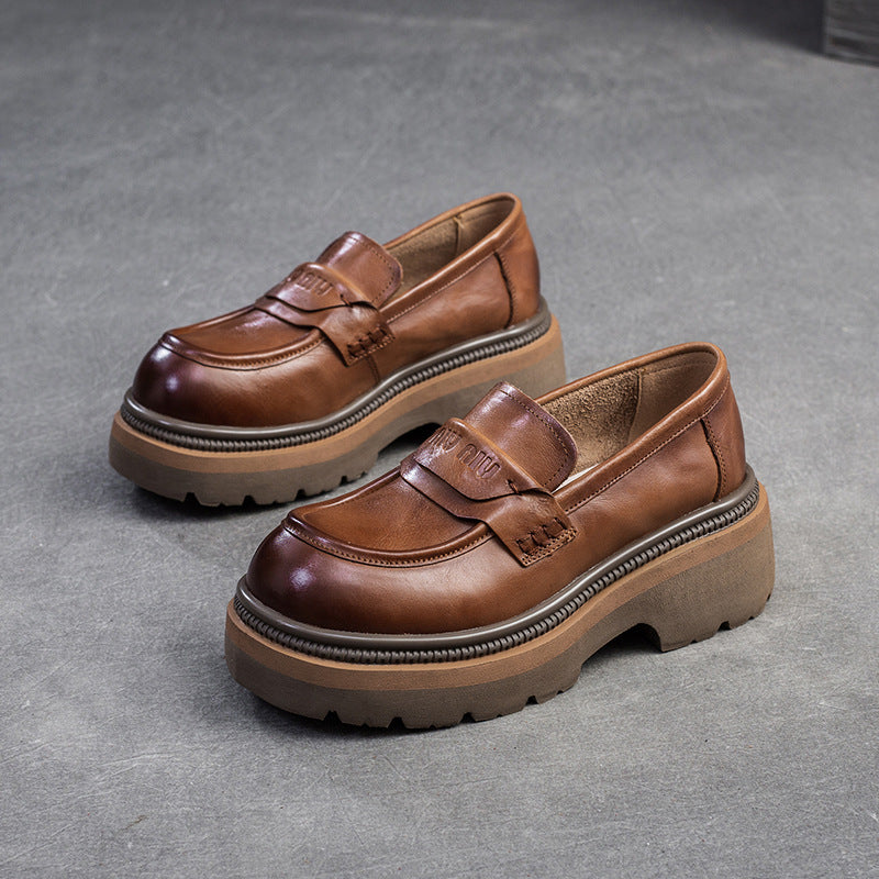 Women Retro Leather Thick Soled Casual Loafers-RAIIFY