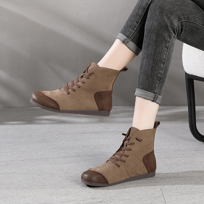 Women Retro Frosted Cowhide Patchwork Flat Boots-RAIIFY