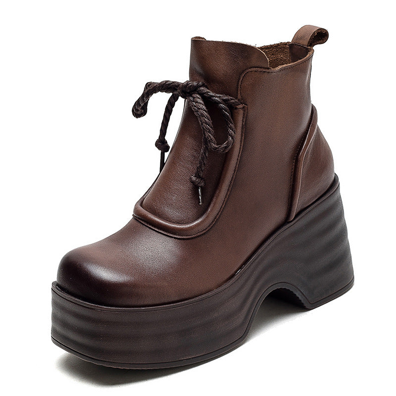 Women Autumn Retro Leather Chunky Platform Boots-RAIIFY