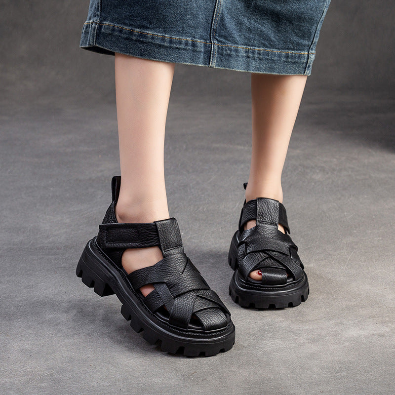 Women Minimalist Plaited Leather Casual Sandals-RAIIFY