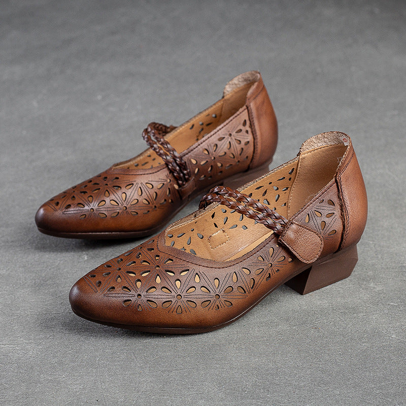 Women Summer Hollow Leather Retro Chunky Pumps-RAIIFY
