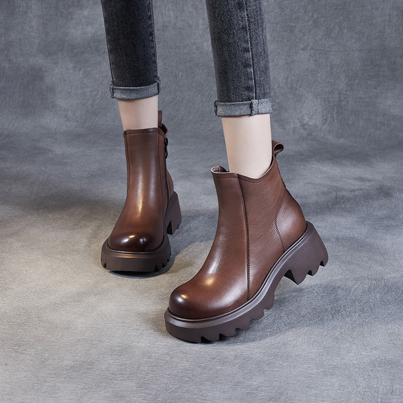 Women Retro Minimalist Leather Lug Soled Boots-RAIIFY
