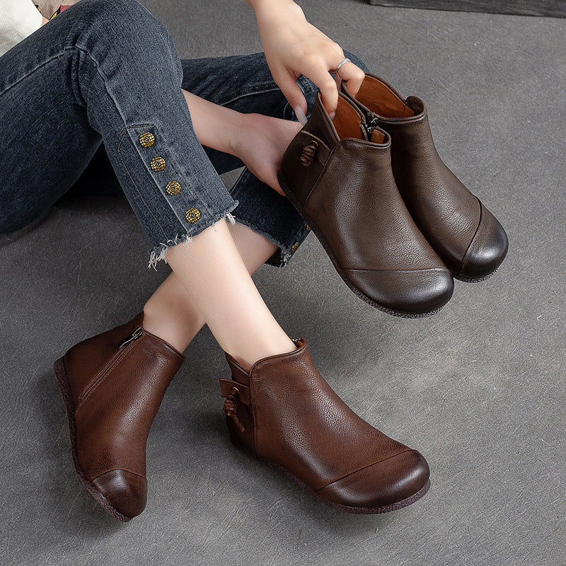 Women Retro Minimalist Leather Soft Flat Ankle Boots-RAIIFY