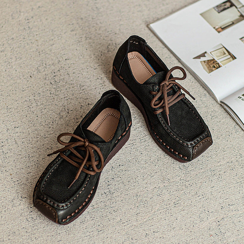 Women Retro Leather Square Head Low Wedge Shoes-RAIIFY