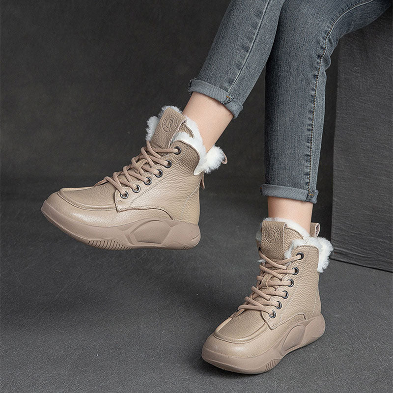 Women Casual Leather Woolen Snow Boots-RAIIFY