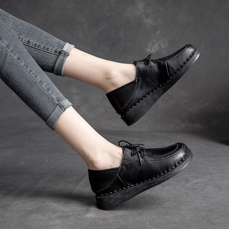 Women Minimalist Leather Soft Low Wedge Casual Shoes-RAIIFY