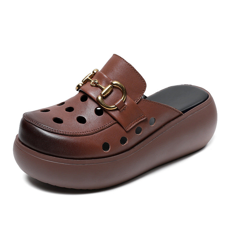 Women Summer Hollow Leather Platform Mules-RAIIFY