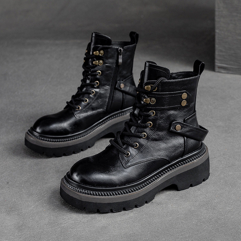 Women Retro Classic Leather Chunky Heel Boots-RAIIFY