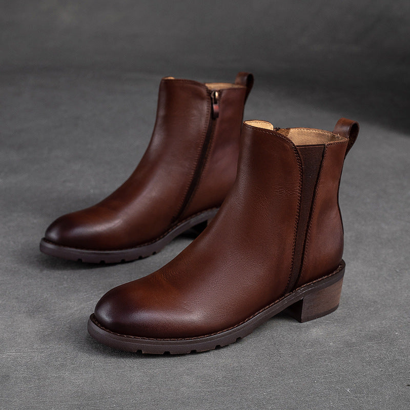 Women Minimalist Leather Casual Chunky Heel Boots-RAIIFY