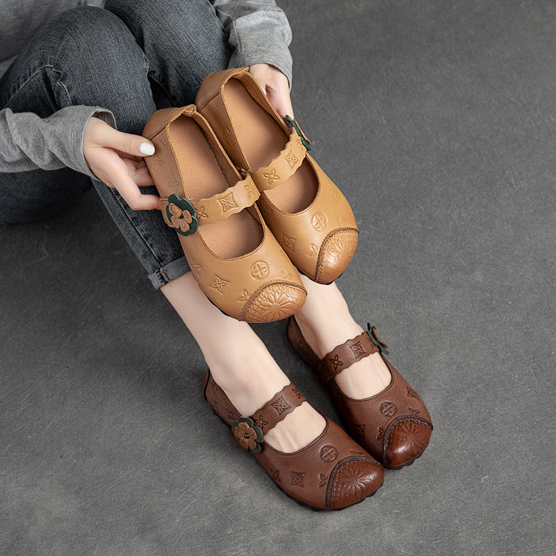 Women Summer Retro Flower Leather Flats Shoes-RAIIFY