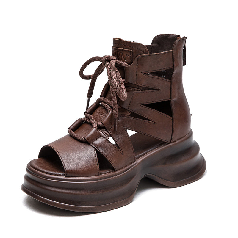 Women Retro High Top Leather Platform Sandals-RAIIFY