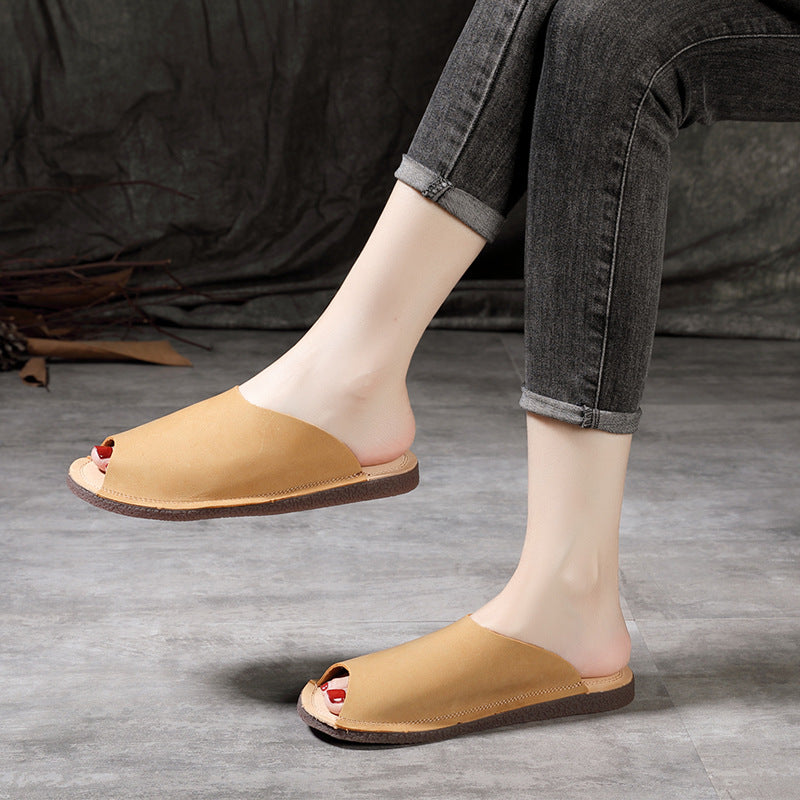 Women Retro Soft Cowhide Summer Flat Slides-RAIIFY