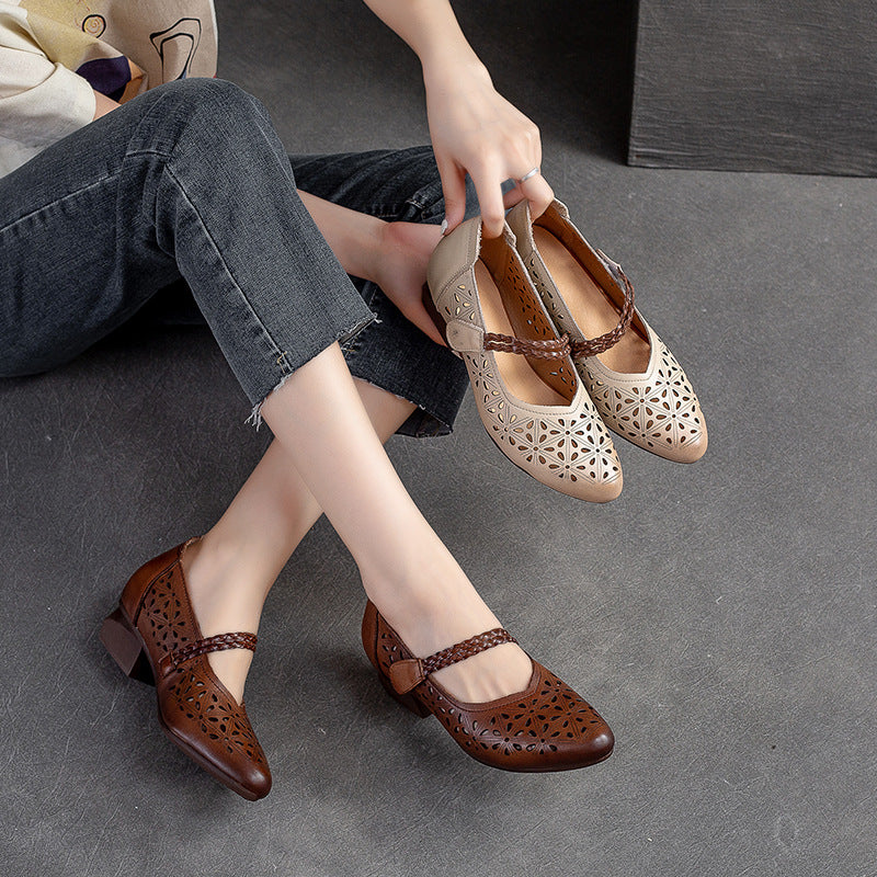 Women Summer Hollow Leather Retro Chunky Pumps-RAIIFY