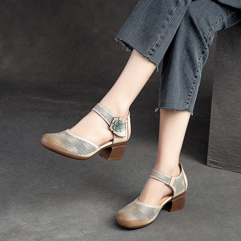 Women Summer Retro Velcro Leather Chunky Pumps-RAIIFY