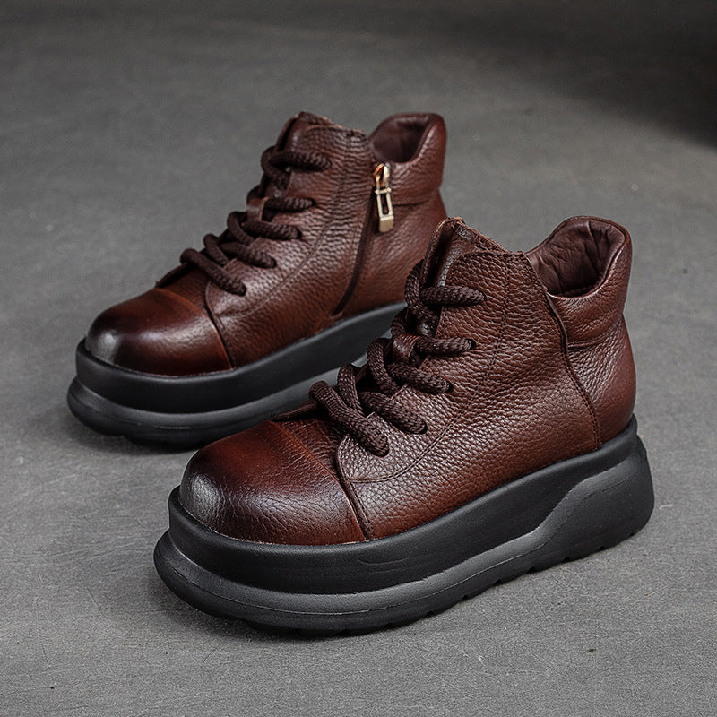 Women Retro Leather Furred Warm Platform Ankle Boots-RAIIFY