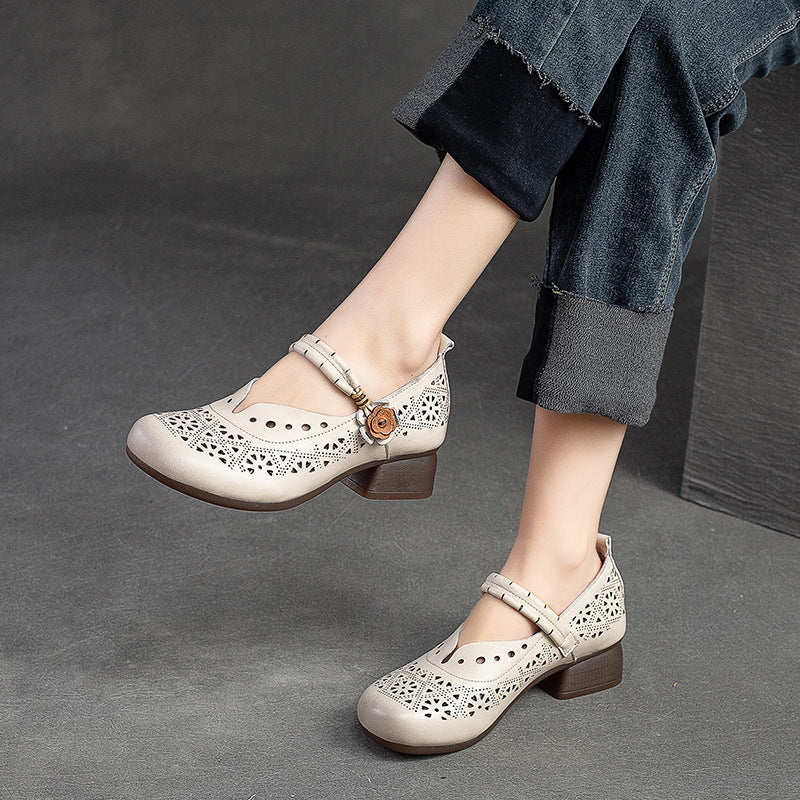 Women Summer Retro Leather Chunky Low Heel Pumps-RAIIFY