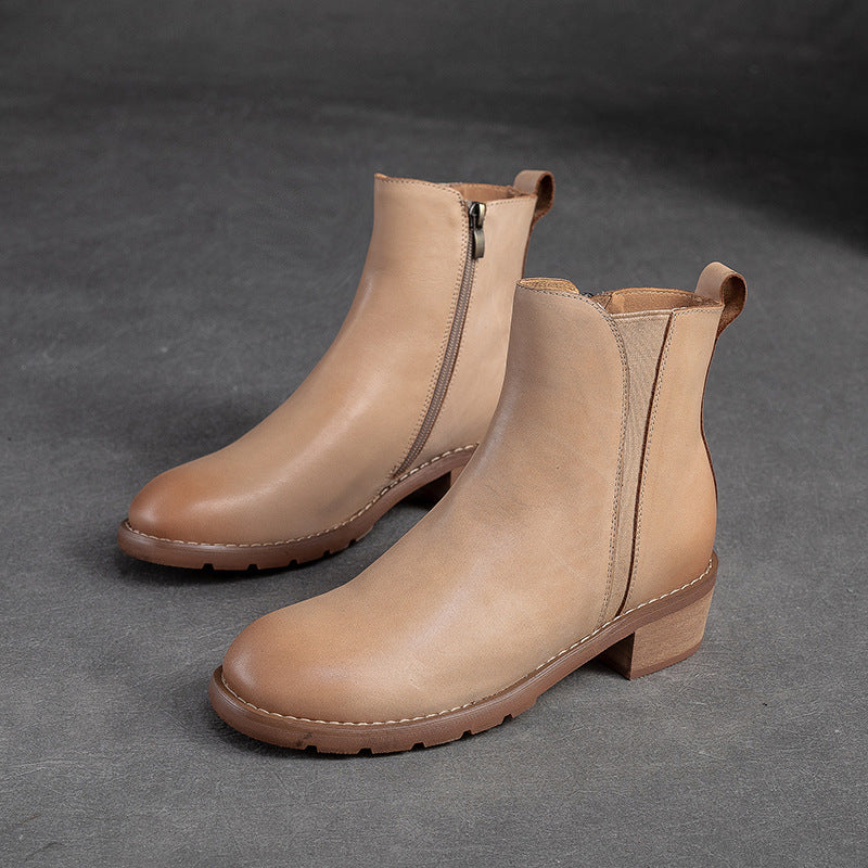 Women Minimalist Leather Casual Chunky Heel Boots-RAIIFY