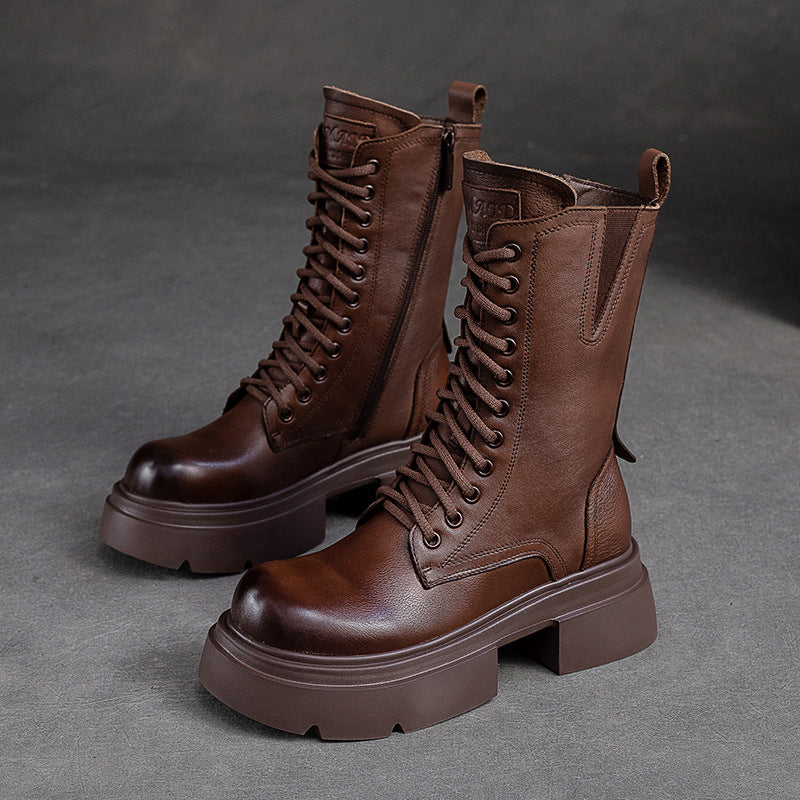 Women Retro Classic Leather Platform Mid-Calf Boots-RAIIFY