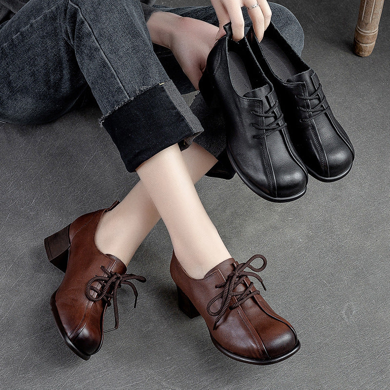 Women Soft Leather Minimalist Chunky Heel Casual Shoes-RAIIFY