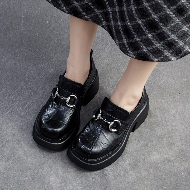 Women Retro Pleated Leather Chunky Heel Loafers-RAIIFY