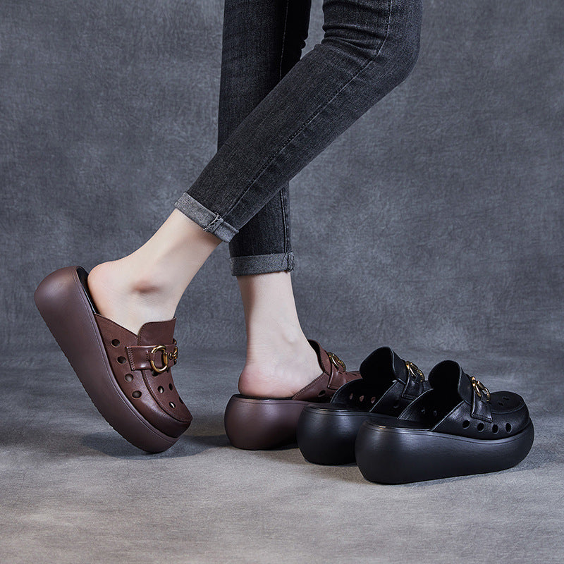 Women Summer Hollow Leather Platform Mules-RAIIFY